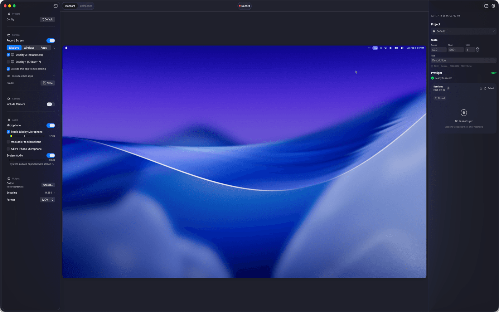 Lumary app interface showing screen recording controls, audio settings, and session management