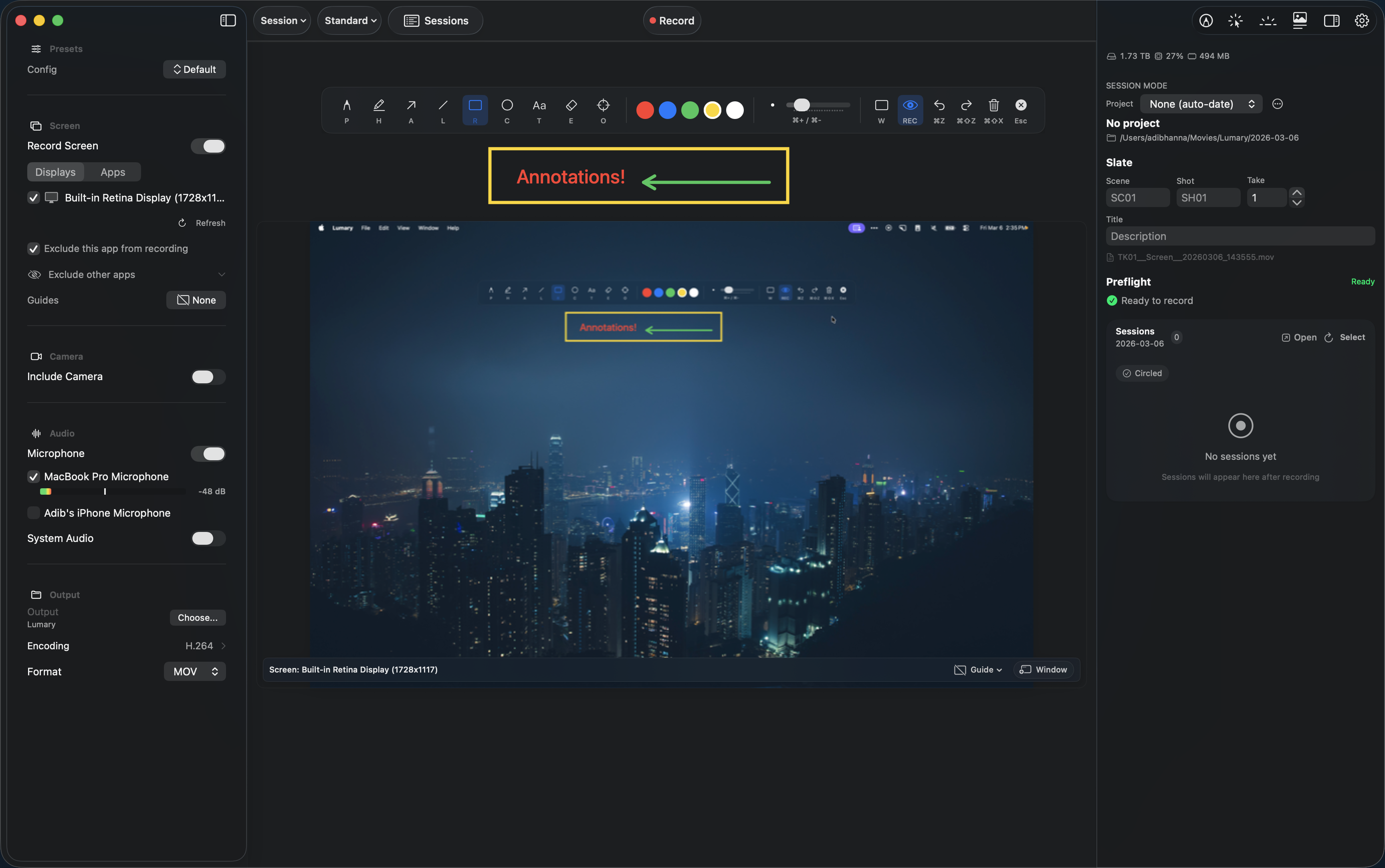 Lumary Screen Annotation showing drawing tools, shapes, and text overlaid on screen recording