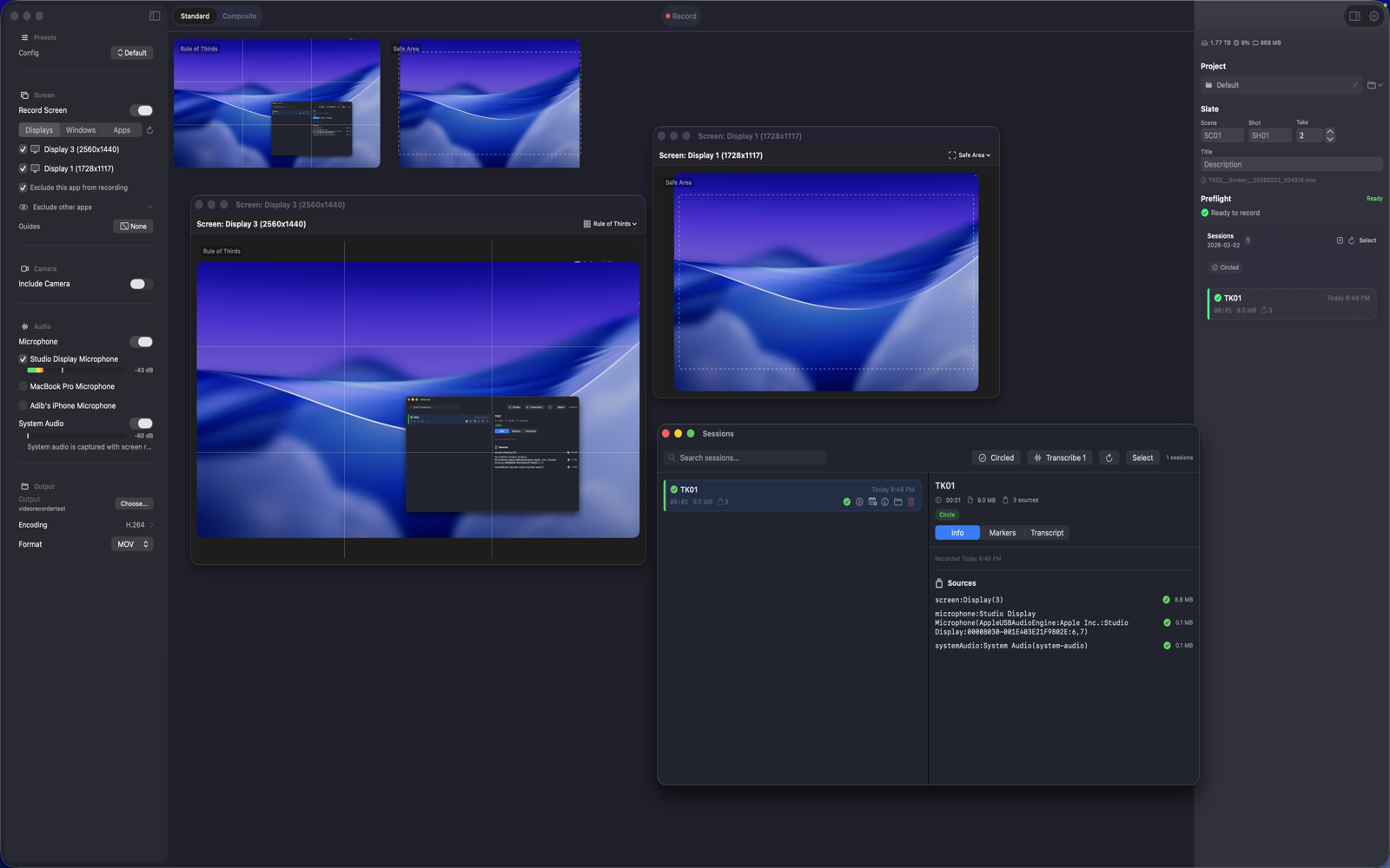 Lumary's floating windows showing Sessions panel, live preview, and the main recording interface