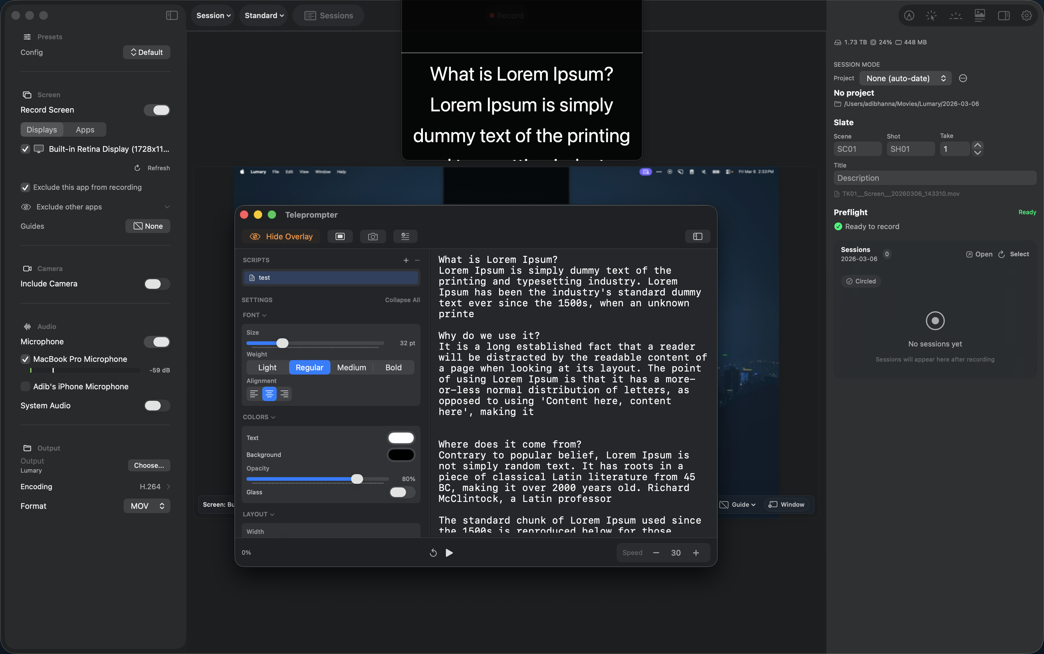 Lumary Virtual Teleprompter showing scrolling script overlay on screen during recording
